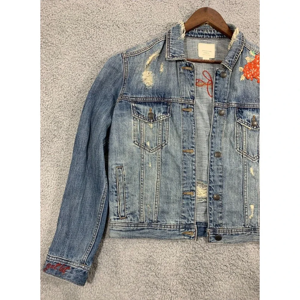 American Eagle (M) Blue Jean Denim Jacket Floral Wearable Art Distressed Pockets - Picture 4 of 16